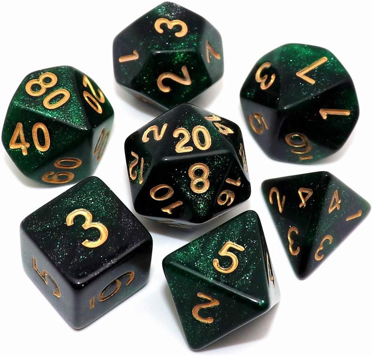 Dobbelstenen Set 7-delig – Groen Zwart D20 D12 D10 D8 D6 D4 – Voor RPG & Tafelspellen