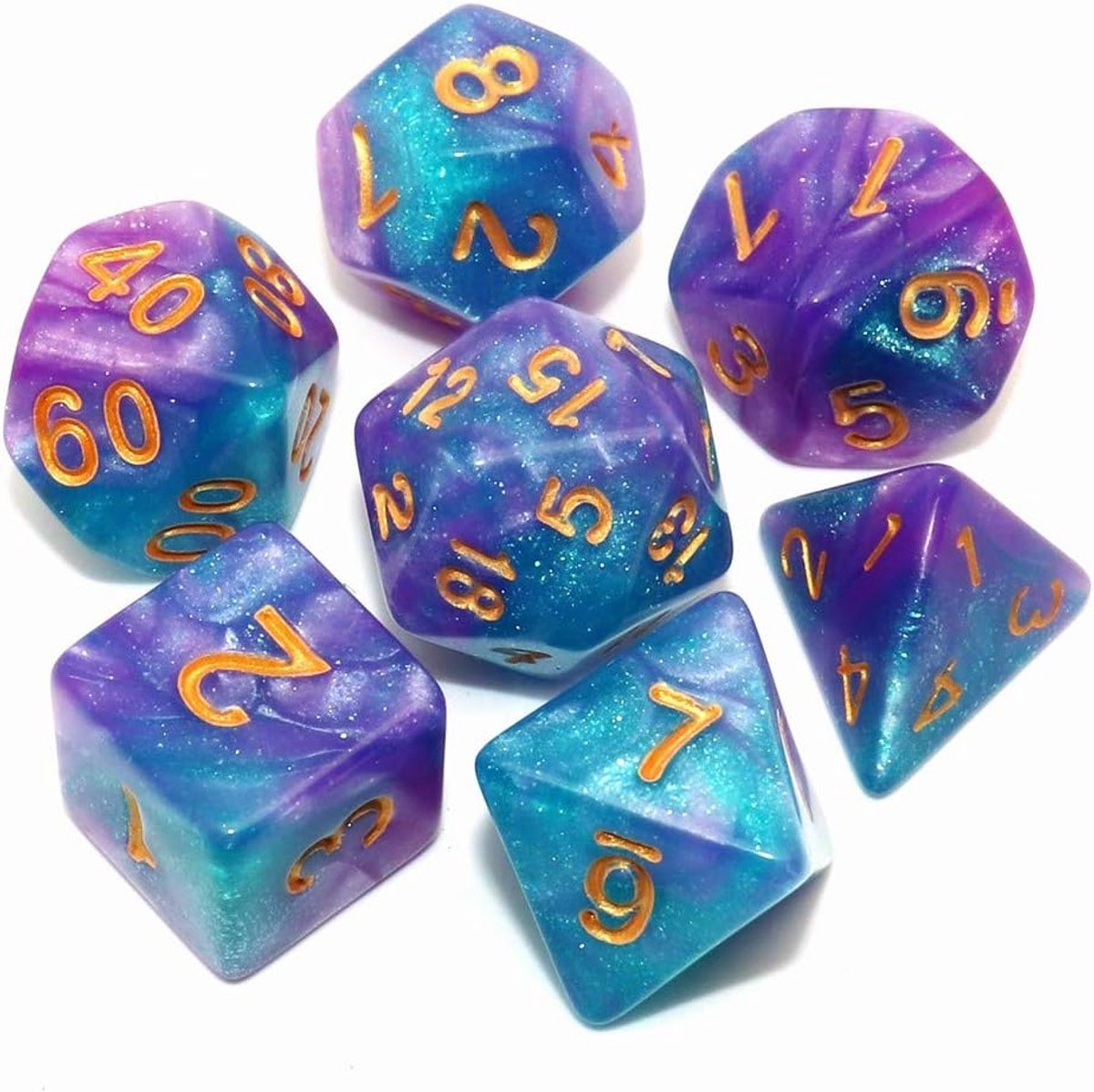 Dobbelstenen Set 7-delig – Lichtblauw Paars D20 D12 D10 D8 D6 D4 – Voor RPG & Tafelspellen