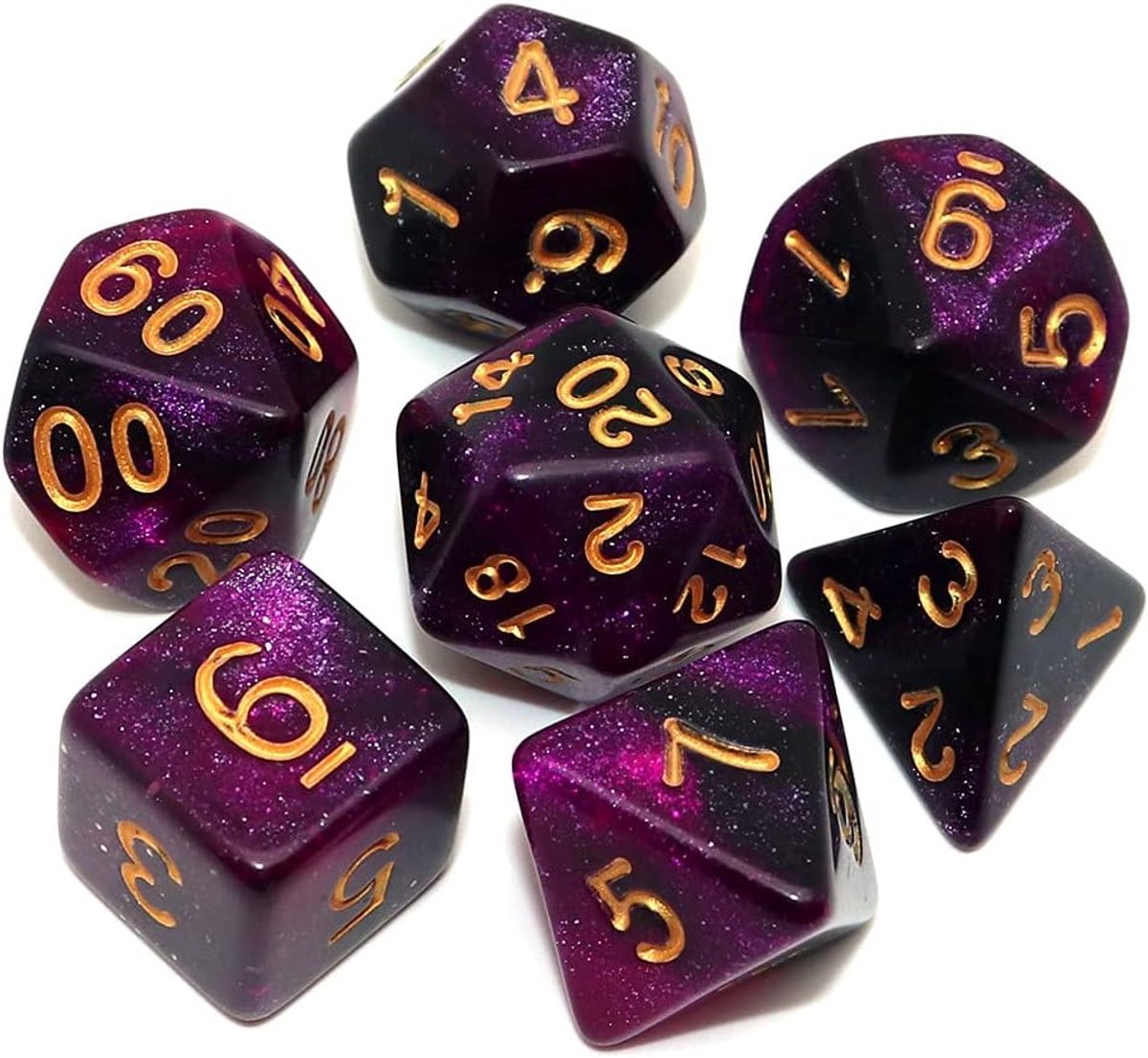 Dobbelstenen Set 7-delig – Zwart Paars D20 D12 D10 D8 D6 D4 – Voor RPG & Tafelspellen