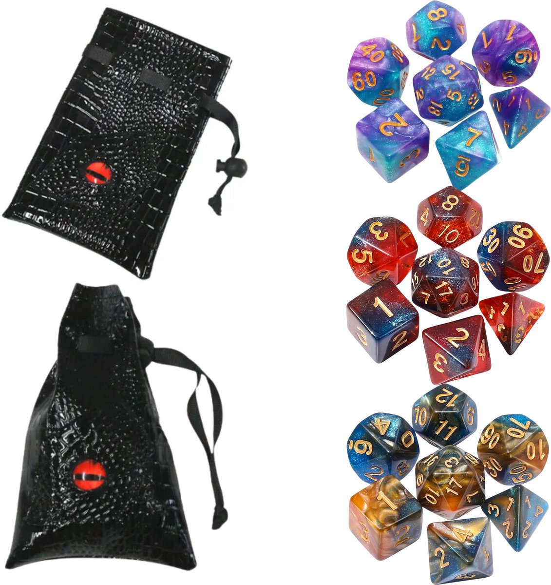 Nereb – Dobbelstenen Set 21-delig – 3x 7-delige Polydice Sets – D20 D12 D10 D% D8 D6 D4 – Inclusief Luxe Opbergzak – Voor RPG & Tafelspellen
