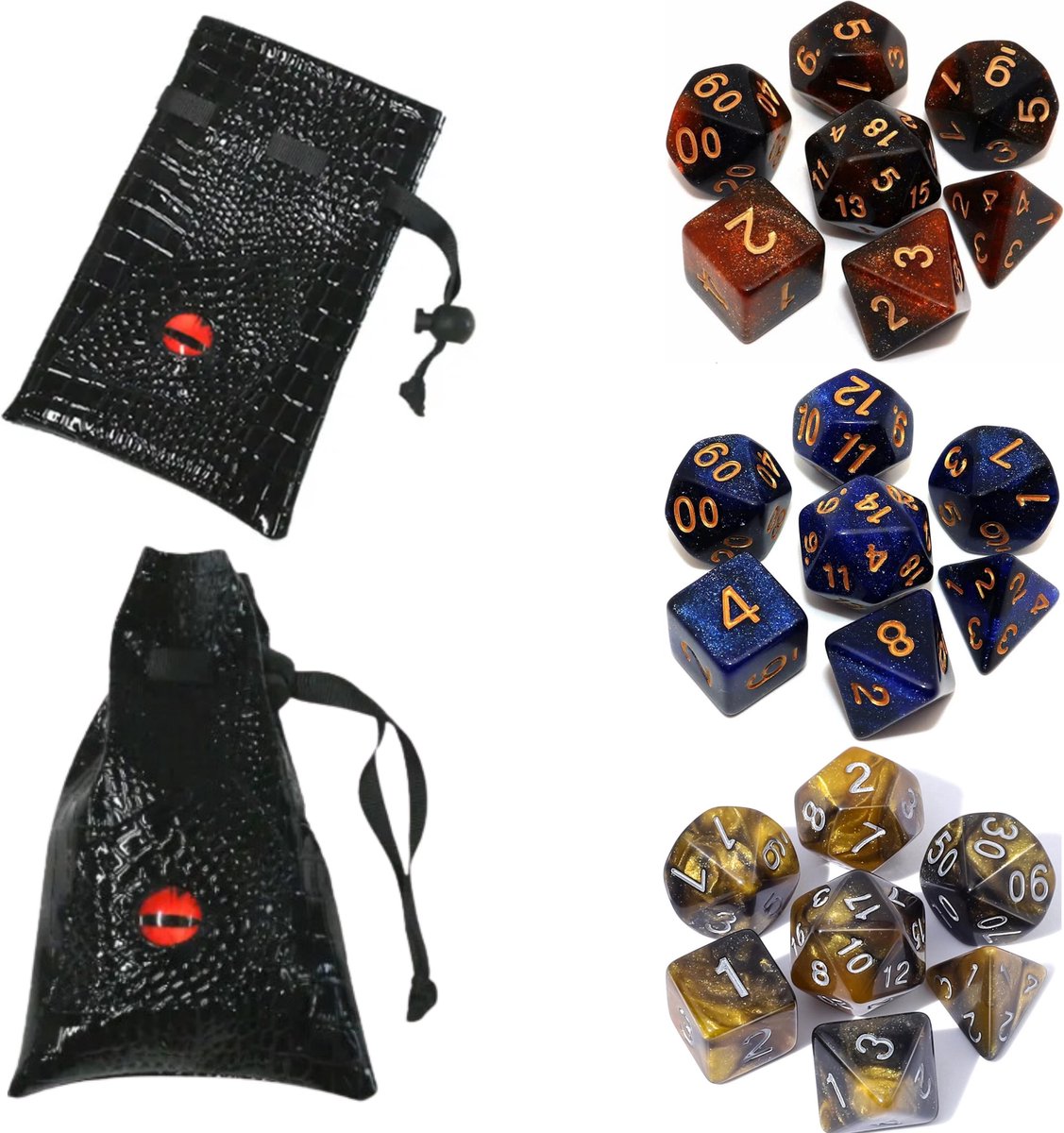 Nereb – Dobbelstenen Set 21-delig – 3x Luxe Polydice Sets – D20 D12 D10 D% D8 D6 D4 – Inclusief Elegante Opbergtas – Voor RPG, Rollenspellen & Tafelspellen