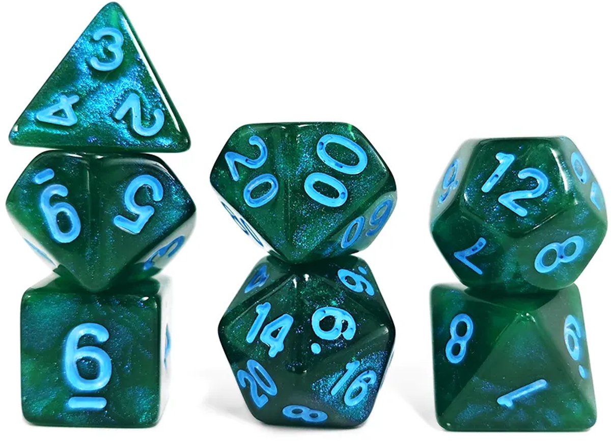 Nereb – Dobbelstenen Set 7-delig – D20 D12 D10 D8 D6 D4 – Groen Blauw – Inclusief Bewaarzakje – Voor RPG & Tafelspellen