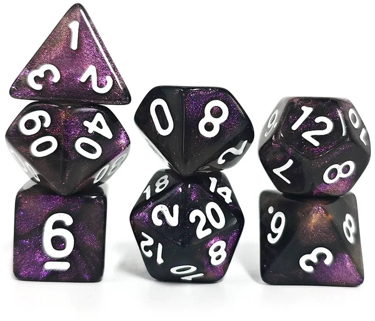 Nereb – Dobbelstenen Set 7-delig – D20 D12 D10 D8 D6 D4 – Paars Zwart – Inclusief Bewaarzakje – Voor RPG & Tafelspellen
