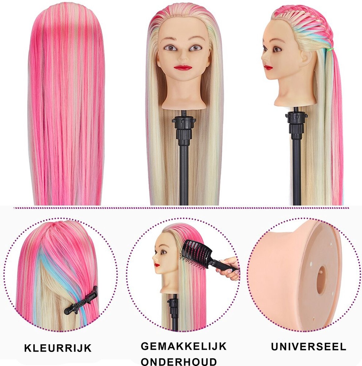 Kappershoofd - Oefenhoofd 100% Kwaliteit Synthetisch Dik Haar - Kappop Inclusief Tafel Klem - Roze / 19x16,9x16,9 / 1
