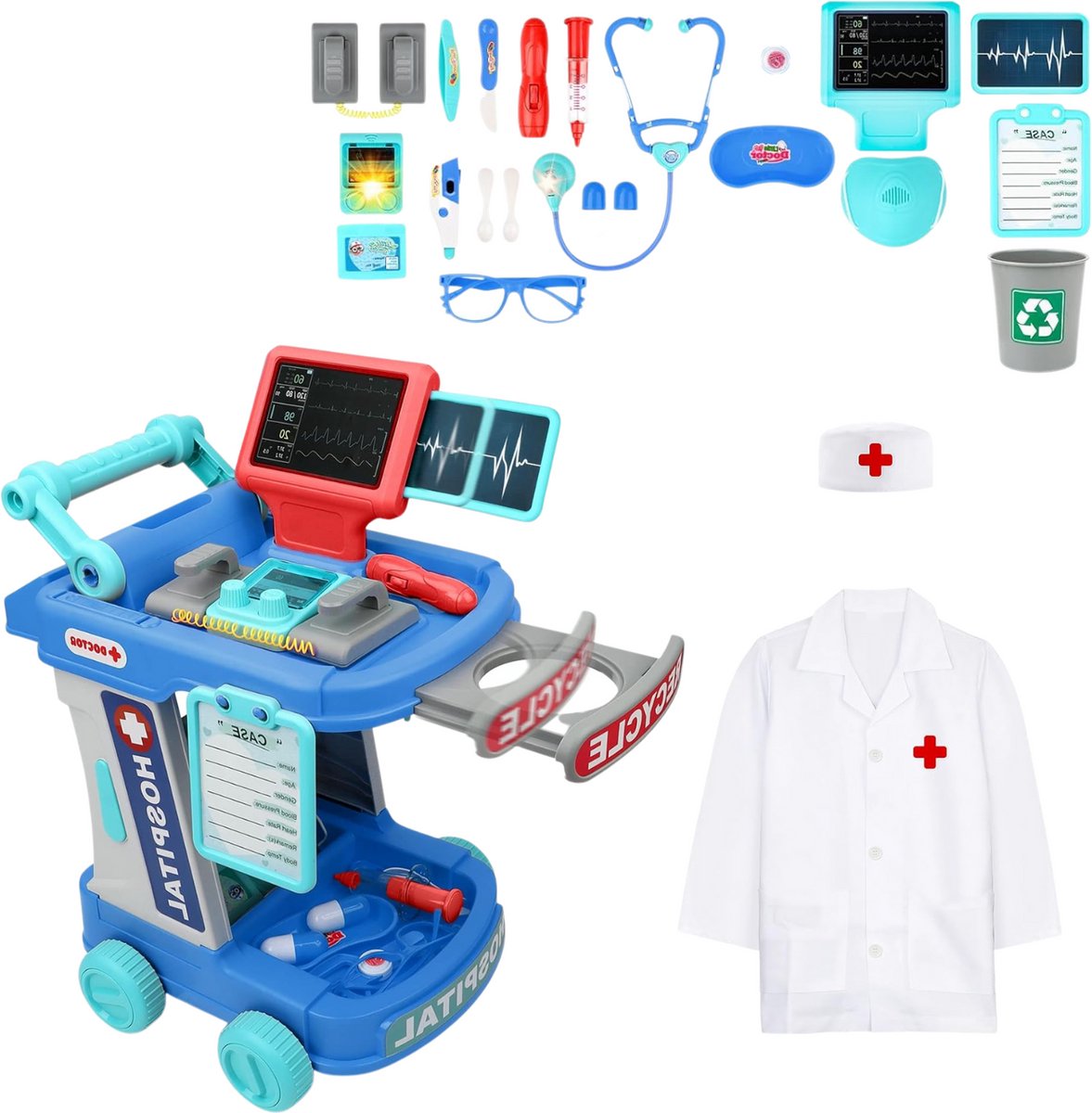 Dokterset speelgoed - Dokterskoffer voor Kinderen – 20-delige Dokterswagen Speelgoedset met Dokterskostuum, Stethoscoop & Spuit – Verpleegsterset Rollenspel – Cadeau Jongens & Meisjes – Blauw