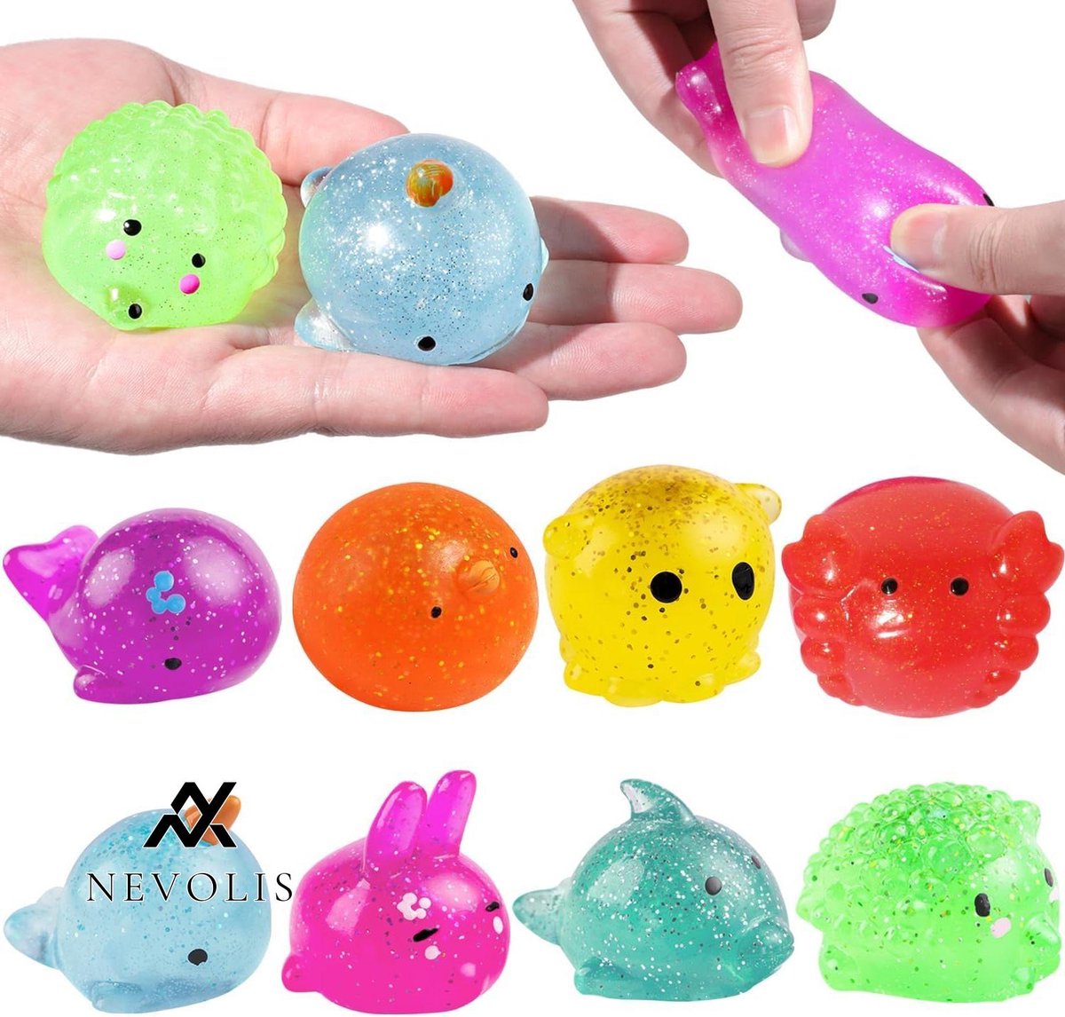 Nevolis 8 Pieces Squishy Kawaii Set Mochi Squishy Toy Glitter Anti Stress Balls Animal Squeeze Toy Stress Balls for Kids and Adults Birthday Gifts ADHD Autism .