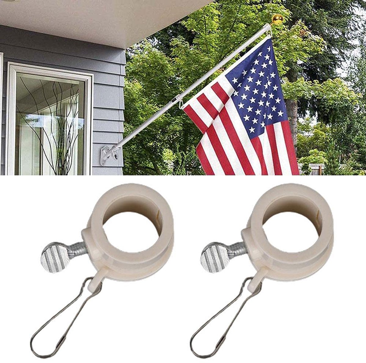 Set van 360° Draaibare Vlaggenmast Ringen met Karabijnhaken – Anti-Wrap Bevestigingsringen voor 1.5 Inch (3,81 cm) Vlaggenstok – Inclusief Doorvoertules – Geschikt voor Uitschuifbare Vlaggenmast voor Buiten