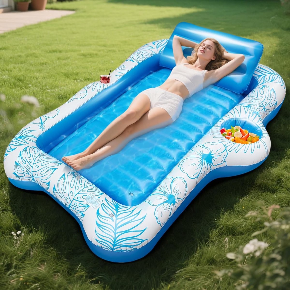 Tanning bed - Tanning pool - Opblaasbaar zwembad 180 × 120 cm – met afneembaar nekkussen, 2 bekerhouders en geribbelde bodem – comfortabel lounge-eiland voor tuin, strand of meer