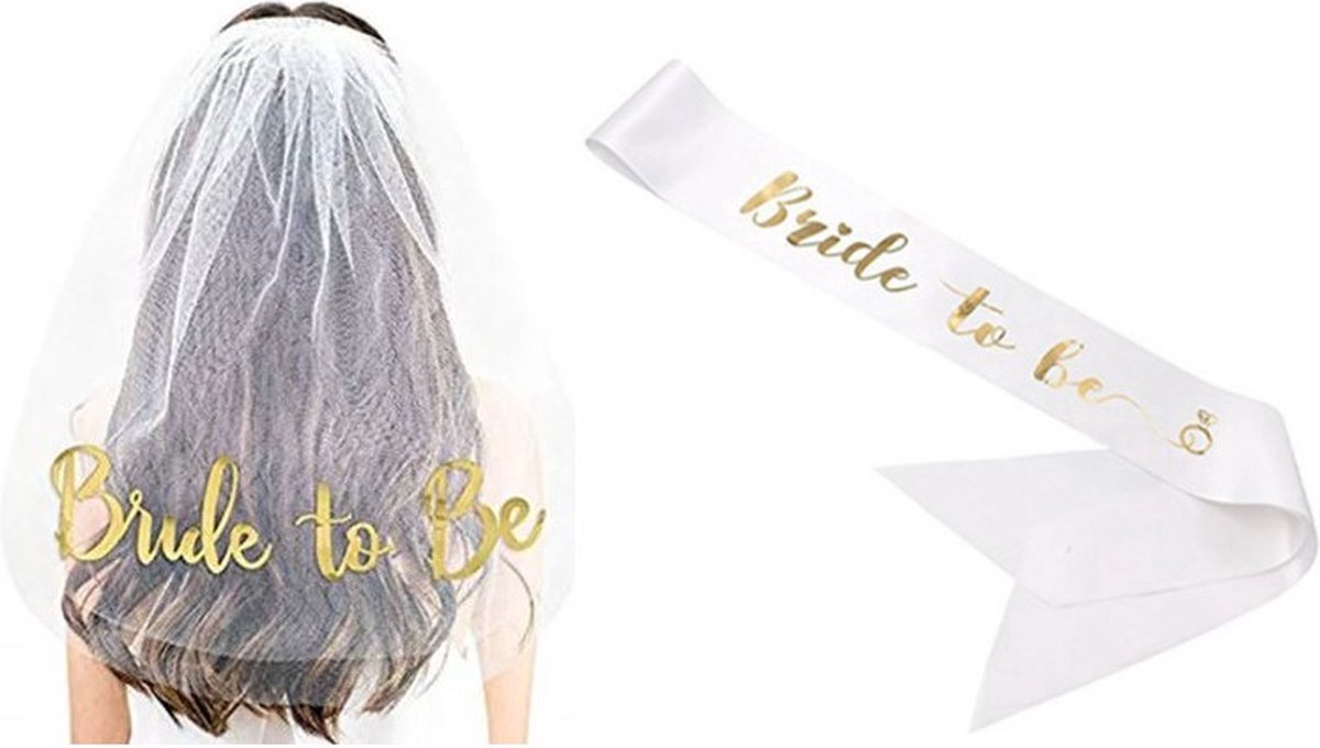 New Age Devi - : Vrijgezellenfeest Artikelen - Wit en Goud Bride Sjerp en Sluier - Vrijgezellenparty - Bride-to-Be Sluier en Sjerp