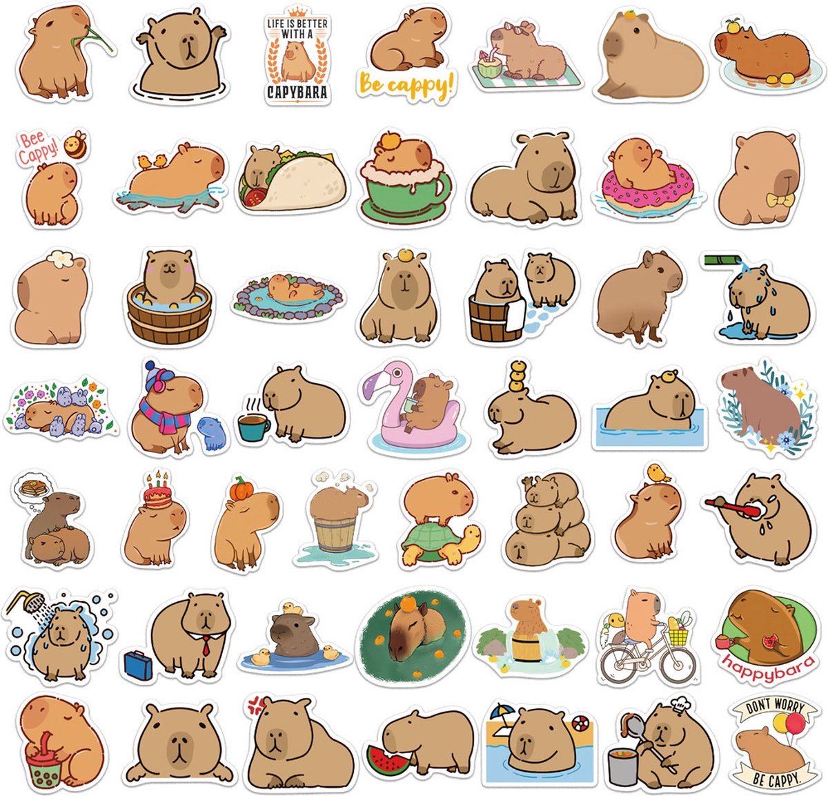 New Age Devi - 50 Stuks Capybara Stickers - Dieren en Laptop Stickers - Schattige Capybaras voor Kinderen