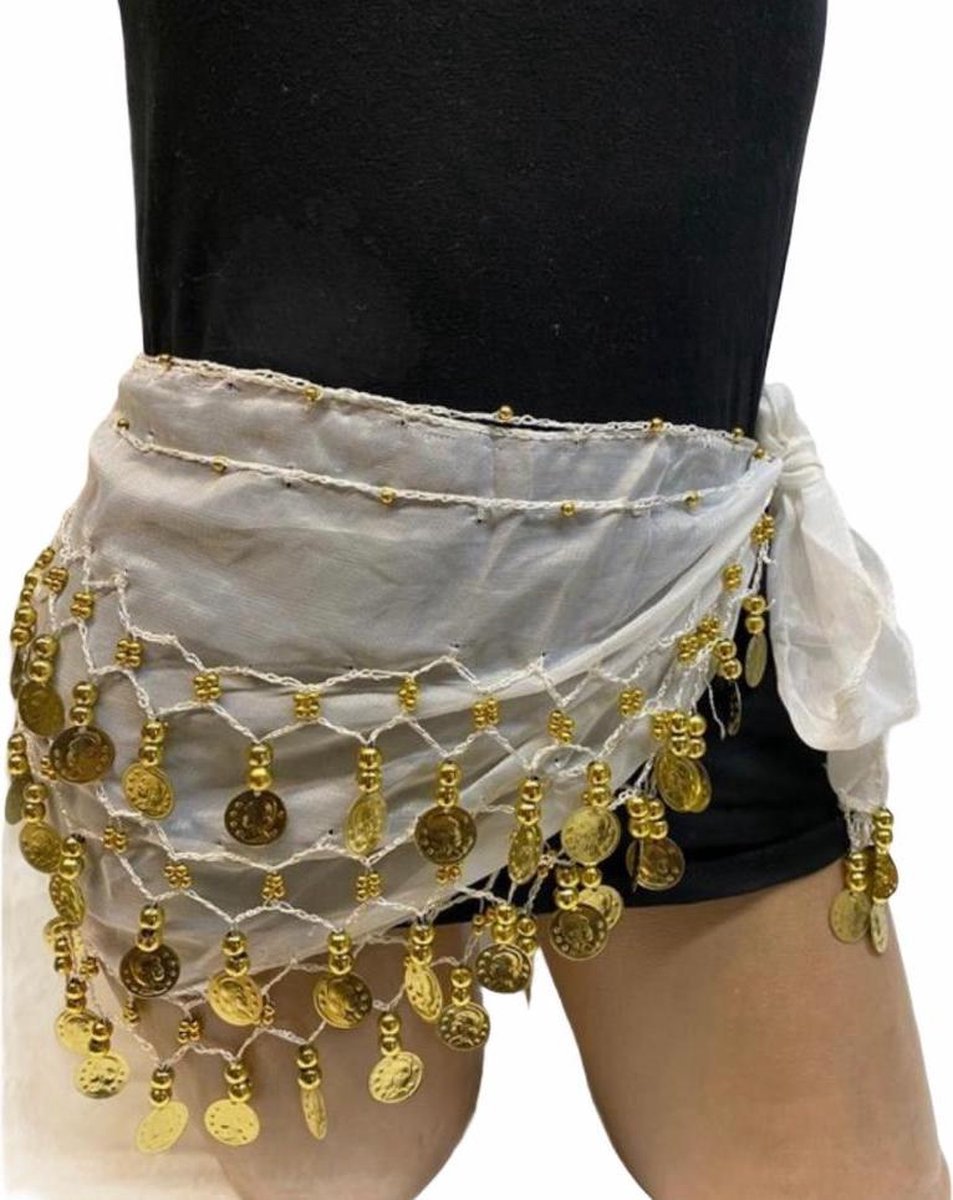 New Age Devi - Betoverende Buikdans Sjaal - Heupsjaal met Gouden Muntjes - 150 cm - Wit