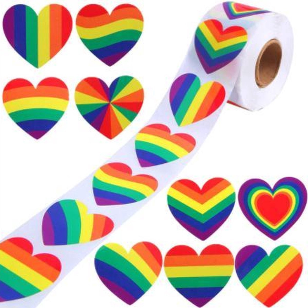 New Age Devi - Stickers Hartjes, regenbogen en meer - 500 stuks op rol - Mix en match voor een kleurrijke touch - 2,5 cm groot - Perfect als sluitzegel