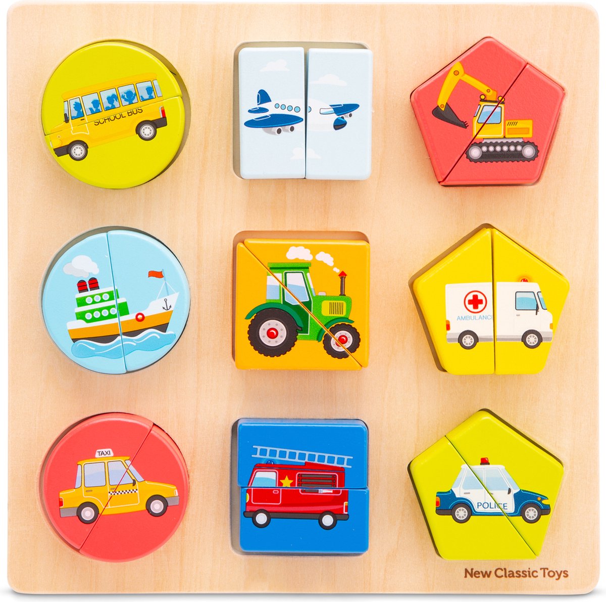 New Classic Toys® Houten Geometrische Vormenpuzzel - Voertuigen - Speelgoed