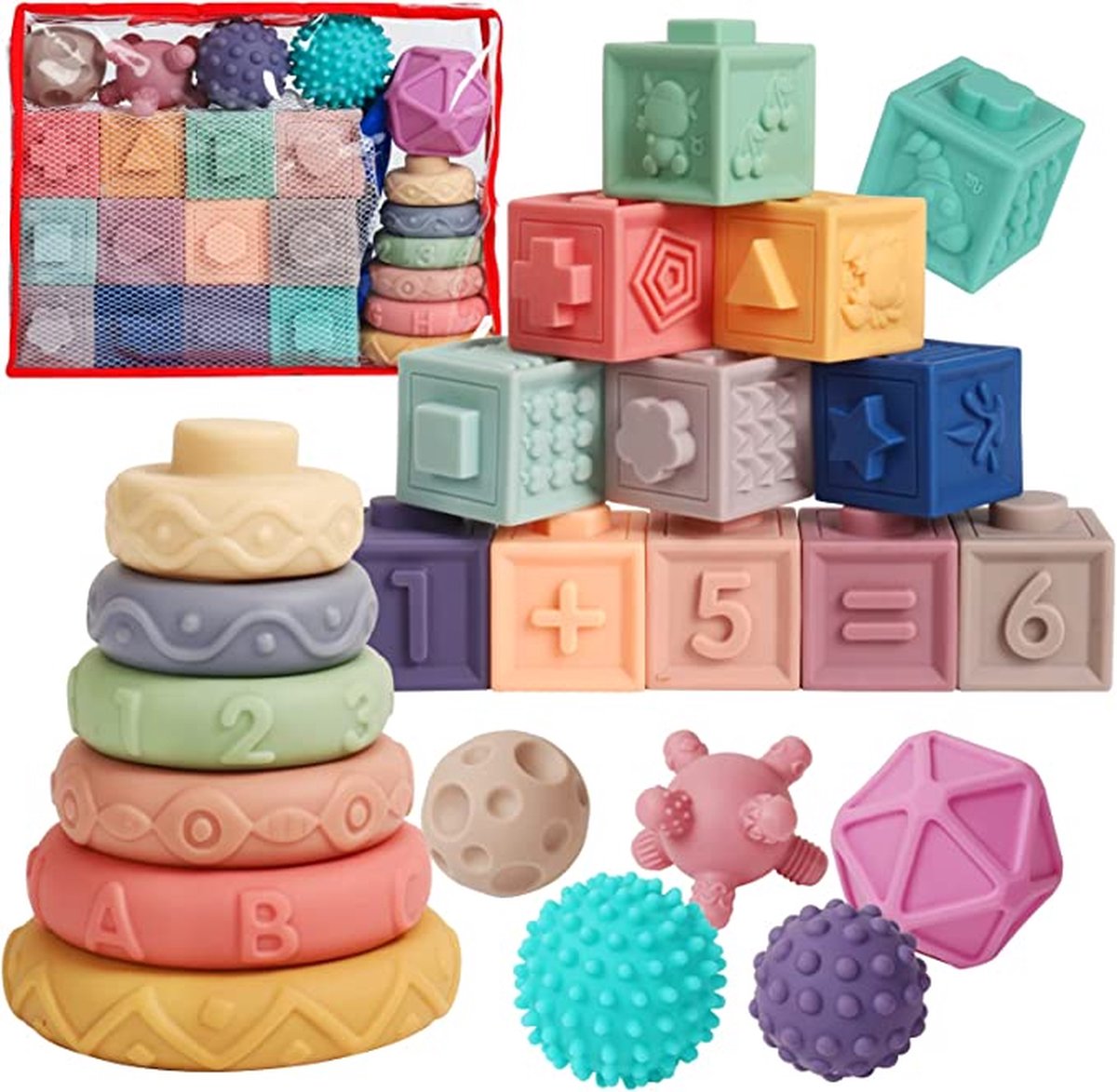 Baby Blokken Set - Montessori speelgoed - Baby speelgoed - Peuter speelgoed - Blokken - Bijtring - Bouwen - Duurzaam