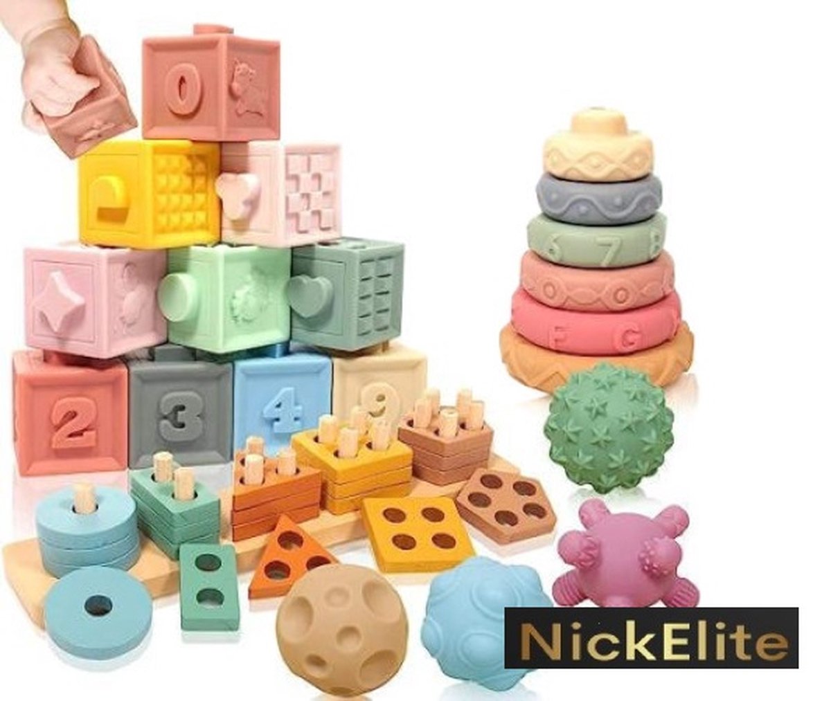 Speelgoed - Montessori - Blokken - Ringen - Educatief Speelgoed- Baby - Peuter - Kleuter - 42 Delig - Cadeau - Badspeelgoed - Merk: NickElite
