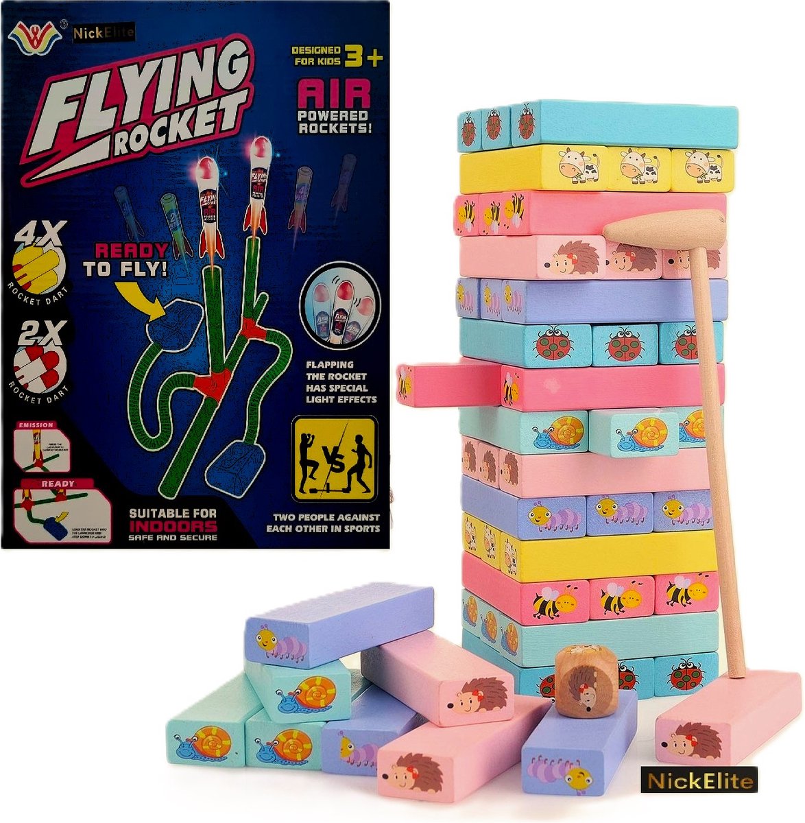 Speelgoed - Voordeel bundel - Jenga voor kinderen + Raketten spel - Sinterklaas - Kerst - Kadoo - Cadeau - Merk NickElite
