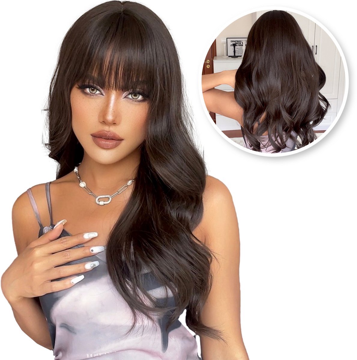 Nifkos Bruine Pruik - Pruiken Dames Lang Haar - Wig - Haarwerk - Verstelbaar - Wasbaar - 70 cm