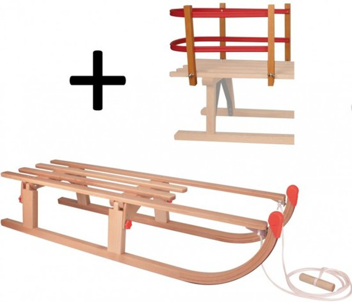 Slede hout opklapbaar 110 cm + rugleuning en touw - (houten slee)