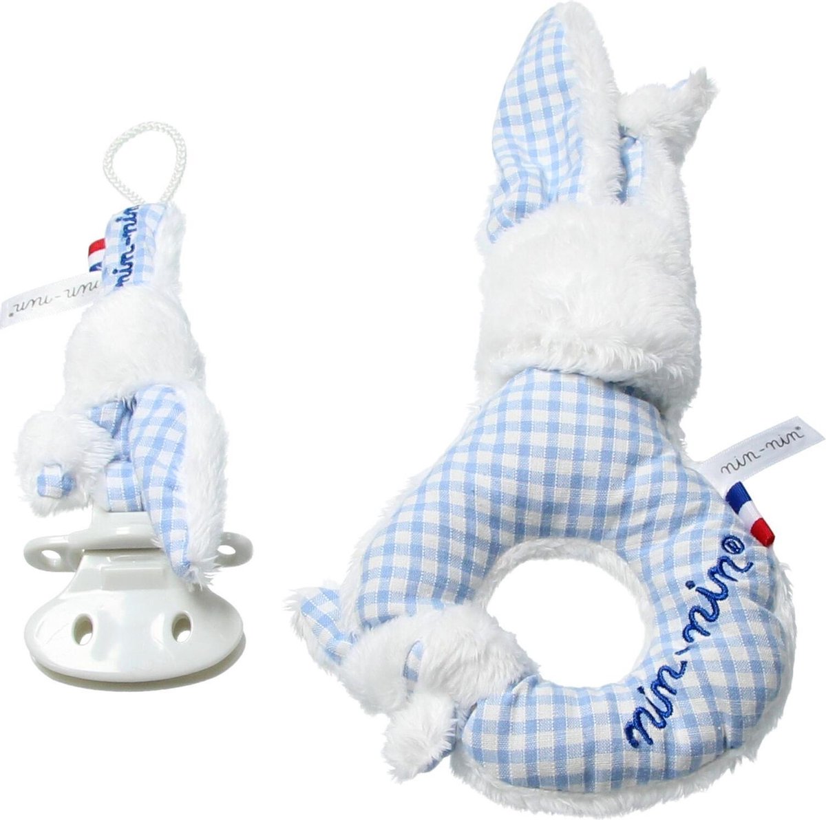   Knuffel Rammelaar Konijntje en Spenenkoord Blauw Wit