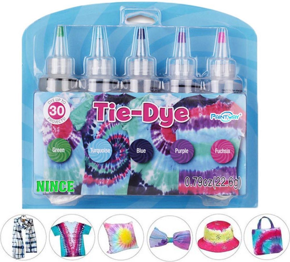 Nince TIE DYE kit van hoge kwaliteit Kit 4 - Complete kit van 5 kleuren textiel - Tie Dye set - Tie Dye verf premium kwaliteit
