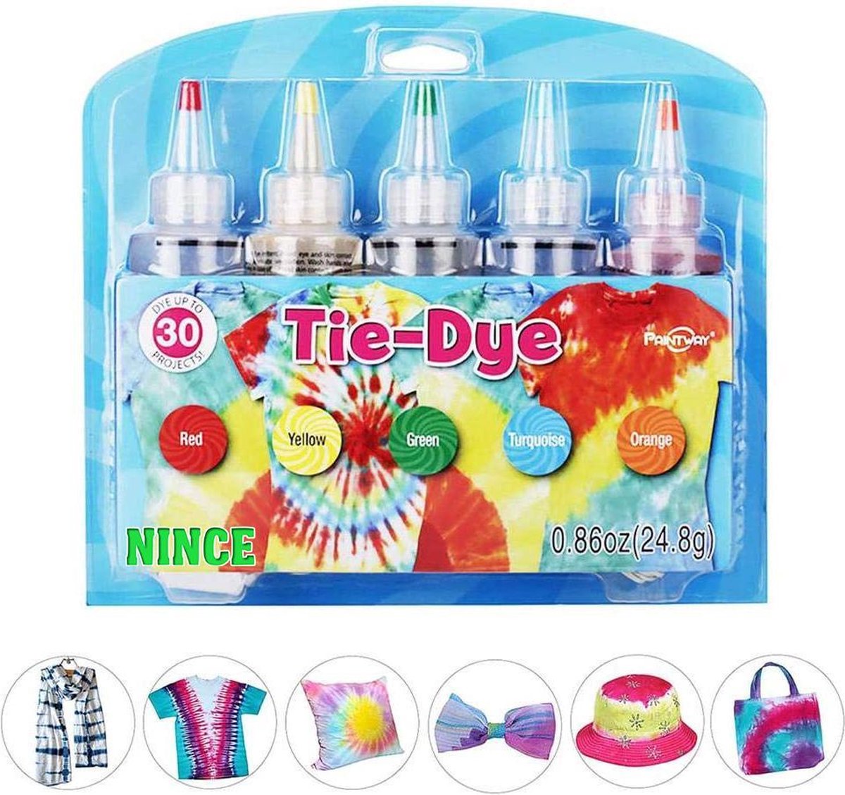 Nince Tie-Dye kit van hoge kwaliteit Kit 3 - Complete kit van 5 kleuren textiel - Tie Dye set - Tie Dye verf premium kwaliteit 3 varianten