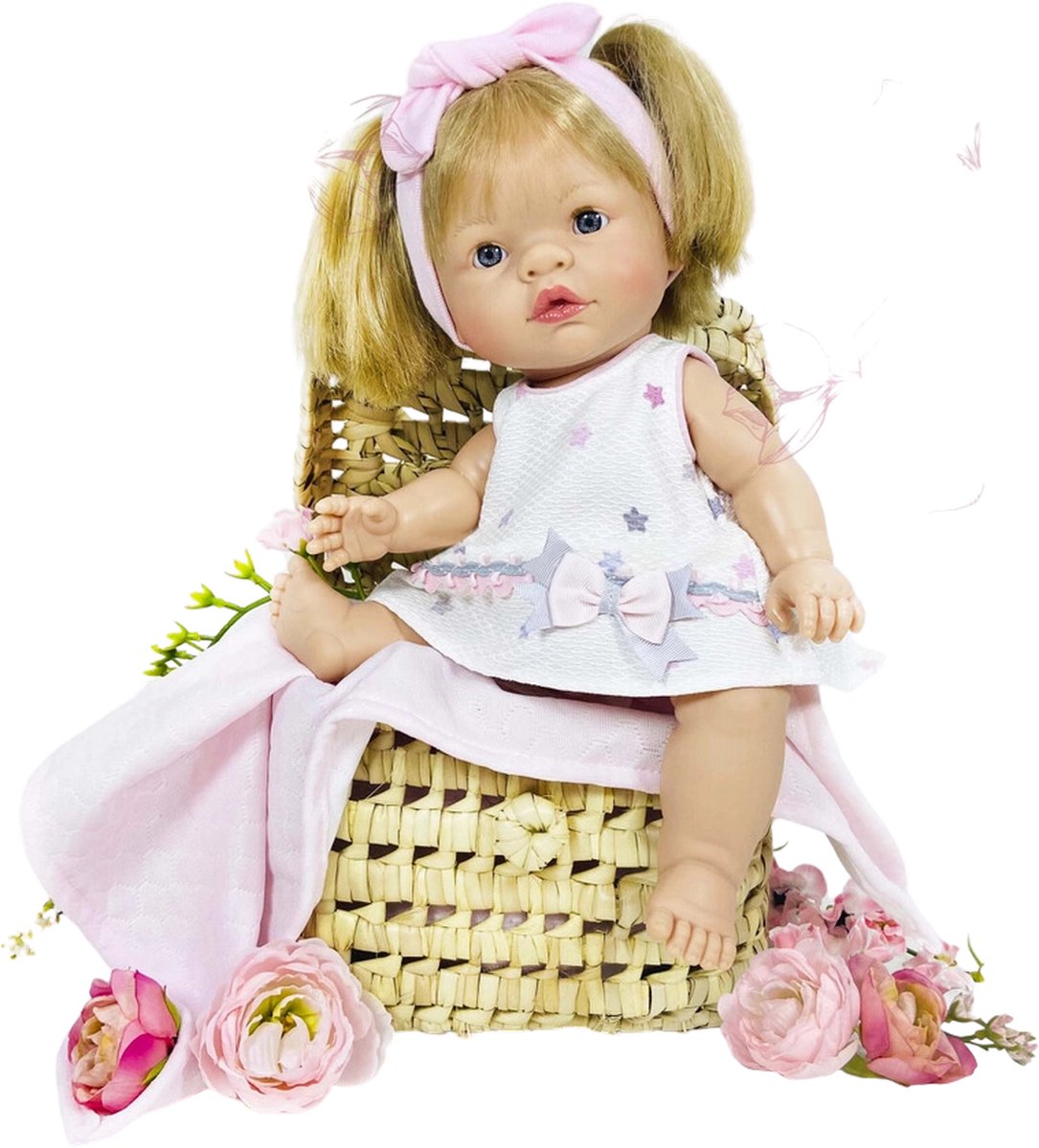 Nines d Onil Babypop Blank Meisje met Blond Haar Lichtroze 37 cm