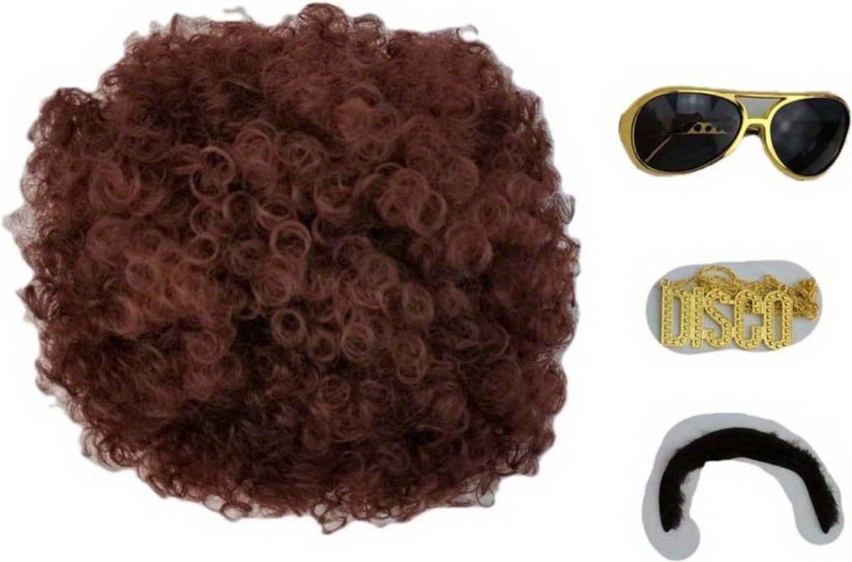 Nivard Pruik Man - Pruiken Heren - Mannen - Haarstuk - Carnaval - Snor - Plaksnor - Nep Snor - Nep Ketting - Bruin - Set