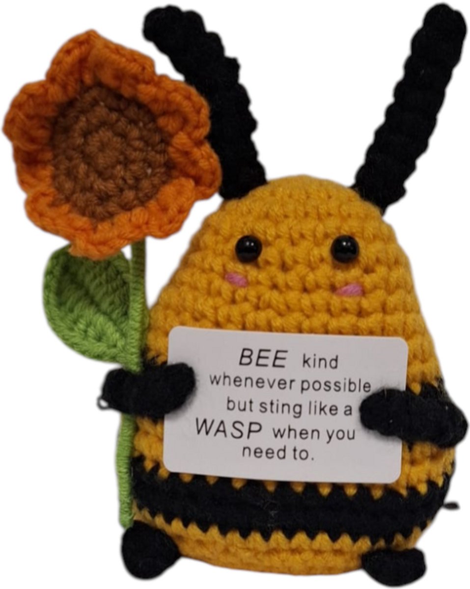 Positive Bee - Positieve Vriendjes - Bij - 9x7cm - Bee Kind- Cadeau Artikel - Gehaakt Poppetje