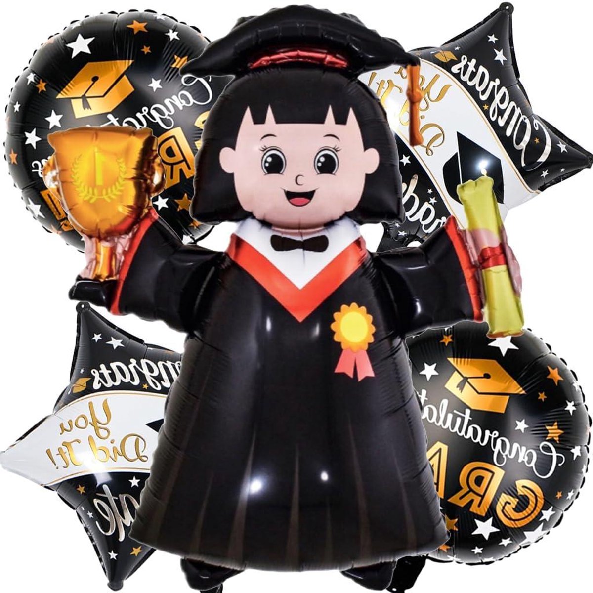 Graduatieballonnen dames decoratie zwart en goud afstudeerfeest versiering folieballon uni