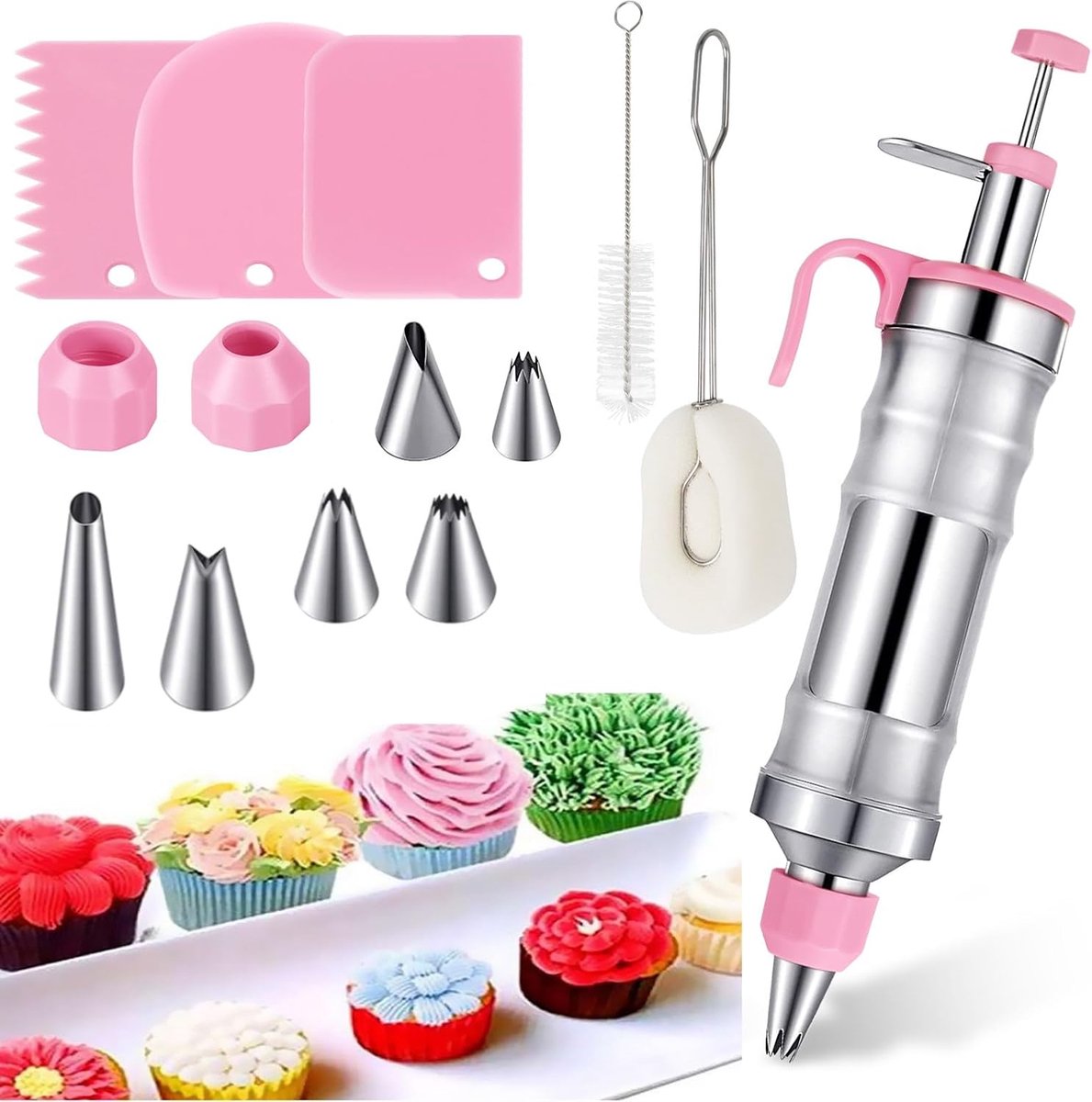 NORDIVAR® - Professionele Roestvrijstalen Taartspuit Set, 14-delig met 6 Verschillende Spuitmonden, Ideaal voor Cupcakes en Taartdecoratie -