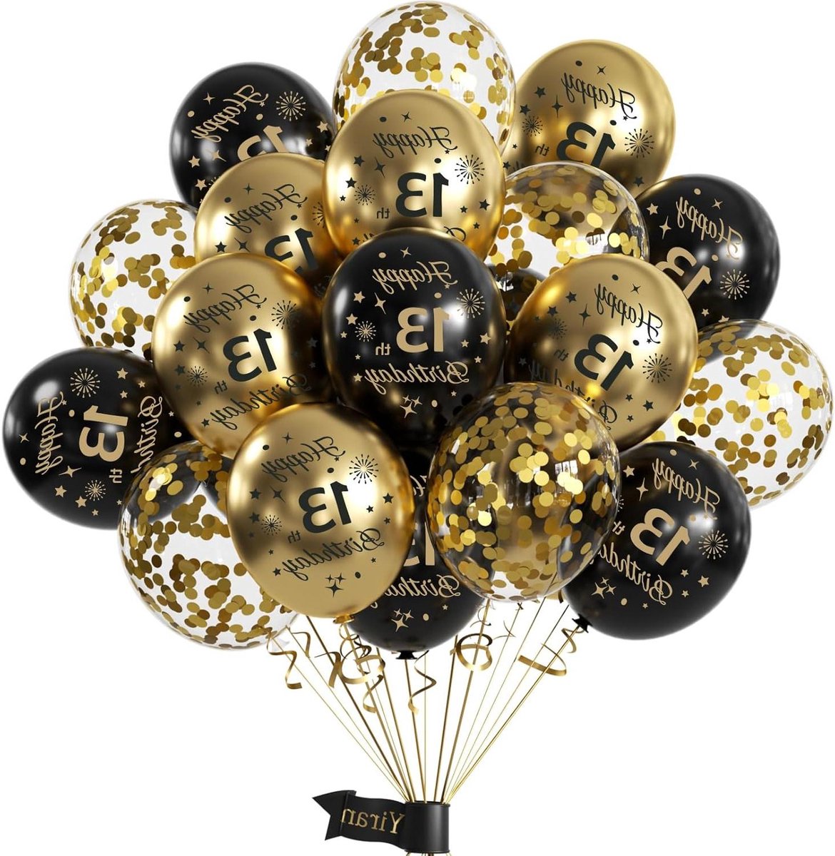 Nordivar - Ballonnen verjaardag 13 jaar zwart goud, decoratie voor jongens en meisjes, feestelijk design