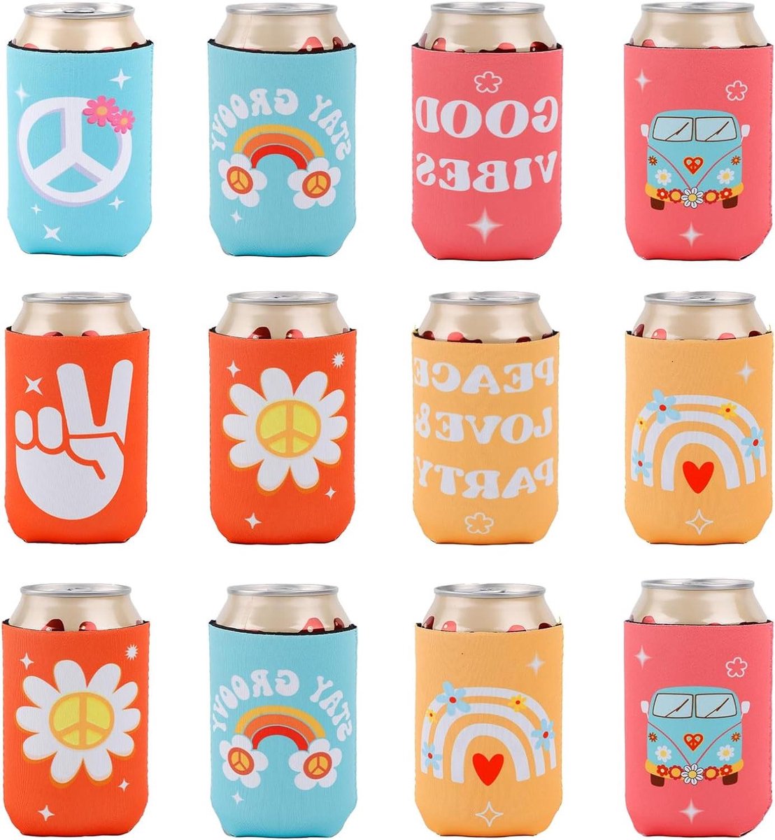 Nordivar - Blikjeshoezen voor Vrijgezellenfeest - Retro Hippie Thema - Set van 12 stuks