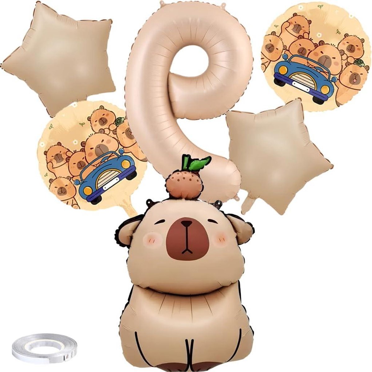 Nordivar - Capybara verjaardagsfeest decoratie set met folieballonnen - nummer 9 - karamel thema