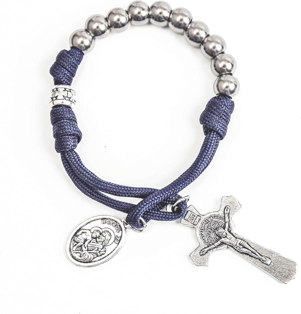 Nordivar - Paracord Rozenkrans Militaire Stijl met Zilveren Kralen - St. Joseph Medal en St. Benedict Kruis - Bid voor Ons.