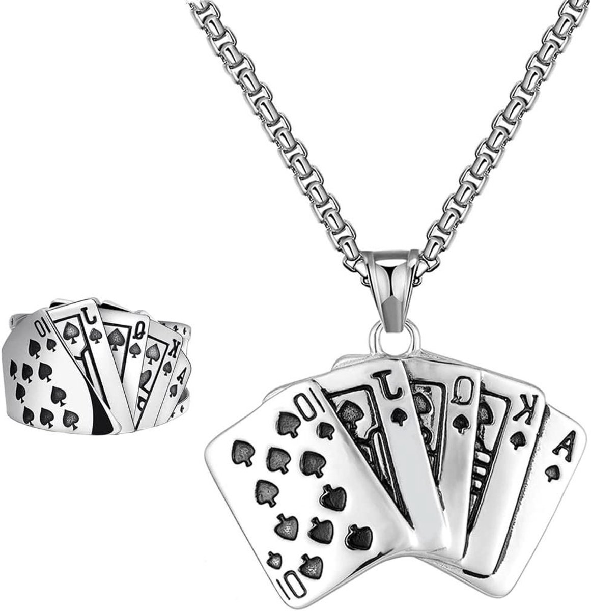 Nordivar - Set speelkaarten hangers halsketting ringen - Poker kaart thema - Hiphop ketting voor mannen
