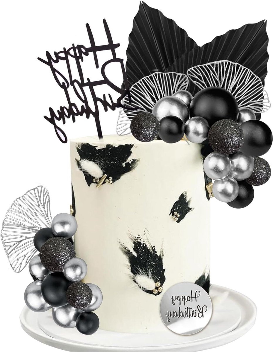 Nordivar - Taartdecoratie boho palmbladeren zwart 30 stuks - Happy Birthday taarttopper voor bruiloft en babyshower - verjaardagsfeest vrouwen meisjes - zilverzwart