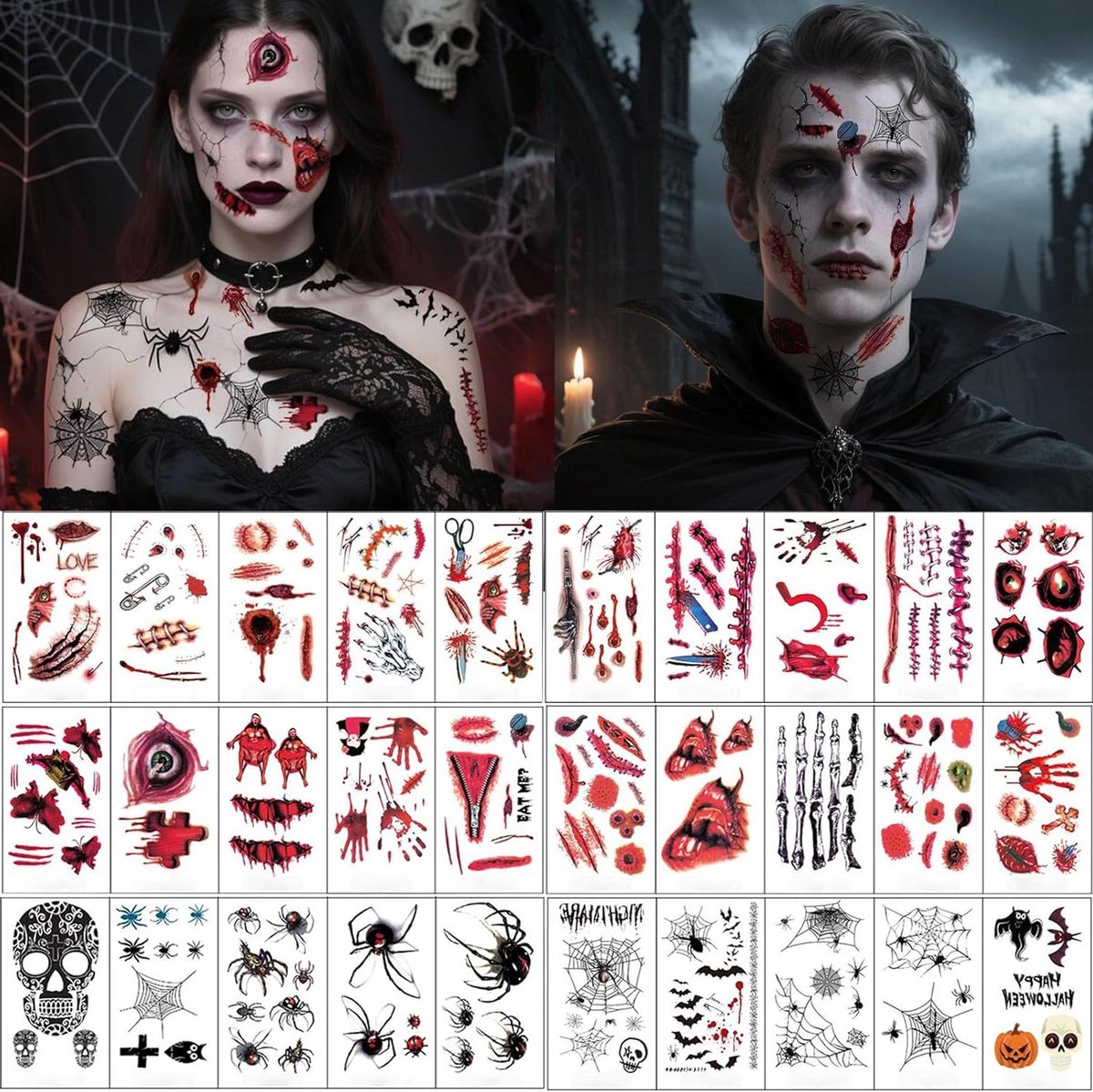 Nordivar - Tijdelijke Halloween-tatoeages voor gezicht - Littekens, wonden, vleermuis - Cosplay accessoires