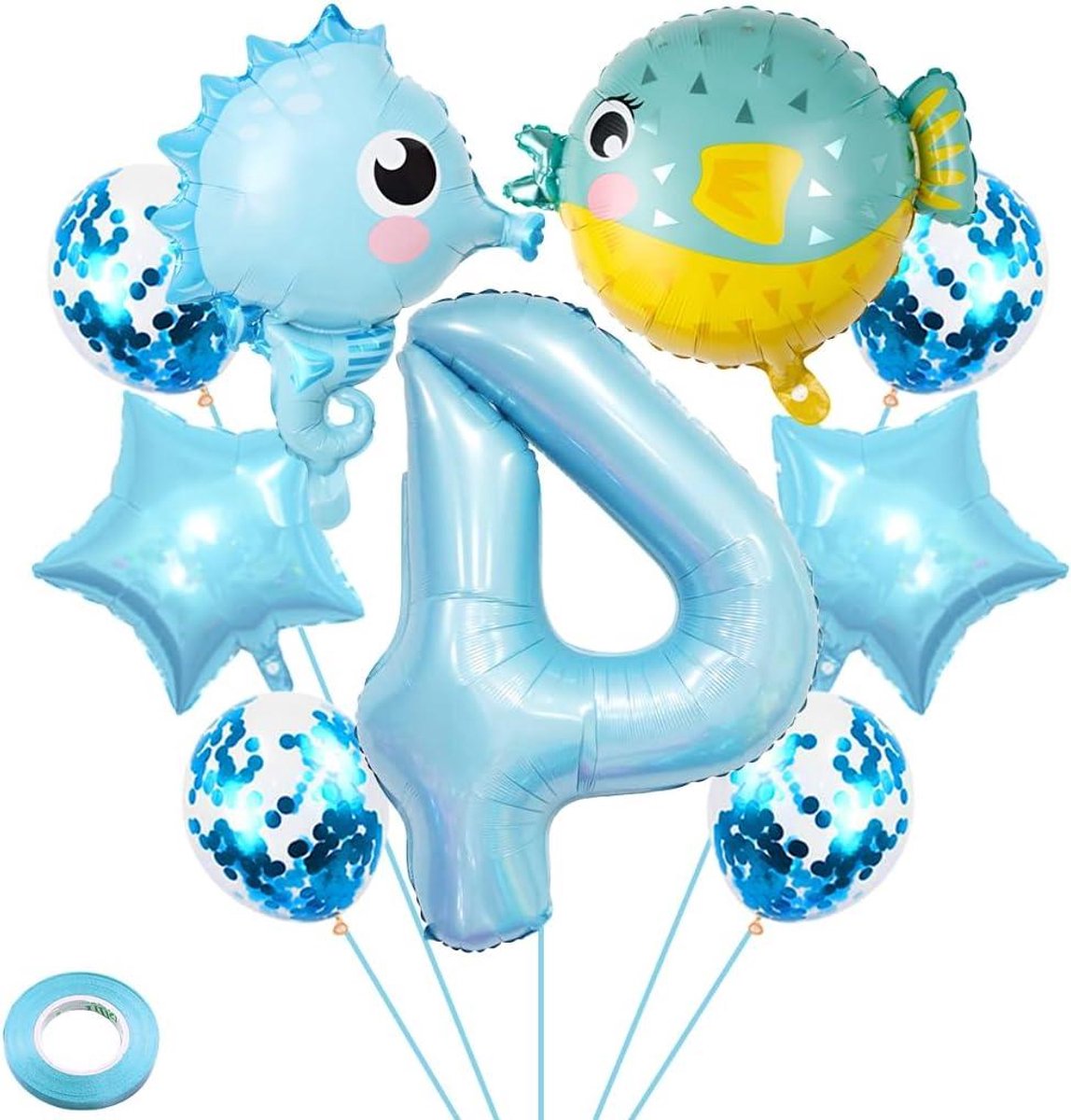 Nordivar - Verjaardagsfeestdecoratie set in lichtblauw - Cijfer 4 folieballon - Sea Creatures thema - Jongens verjaardag decoratie met ballonnen