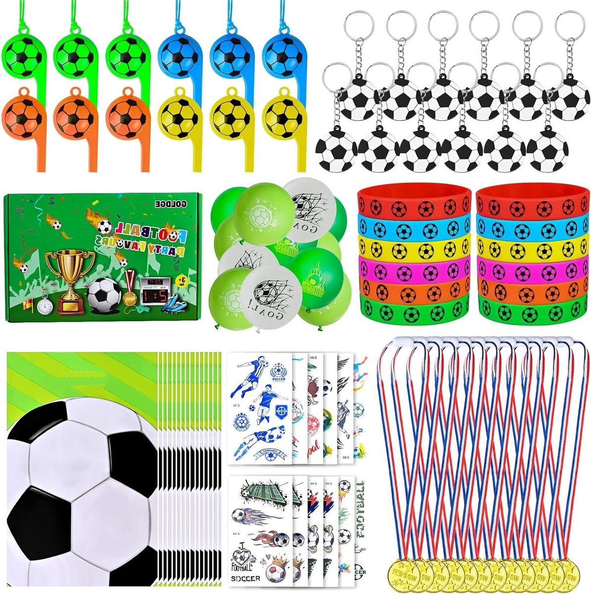 Nordivar - Voetbalfeestcadeautjes voor kinderen - Verjaardagsdecoratie - Accessoires - Fluitje - Sleutelhanger - Sticker - Medailles - Give aways - Voetbal - Feestartikelen - 87 stuks