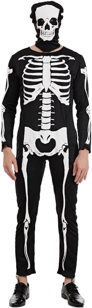 Nordivar - Zwarte bodysuit met doodskopprint voor volwassenen - Halloween, cosplay, carnaval - Heren kostuum, themafeestkleding