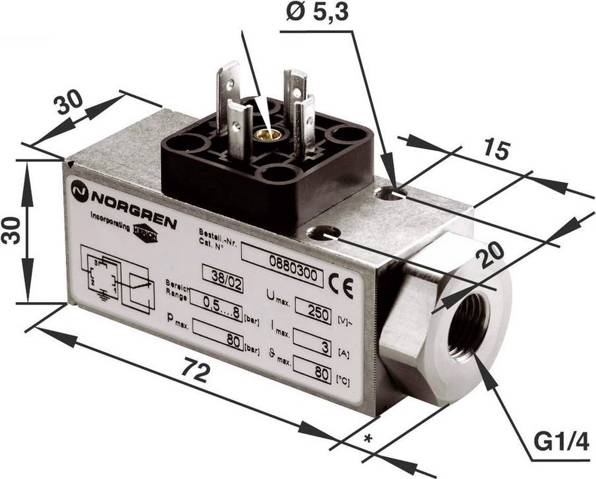 Norgren Drukschakelaar 0880300 G1/4 0.5 tot 8 bar 1 wisselcontact 1 stuk(s)