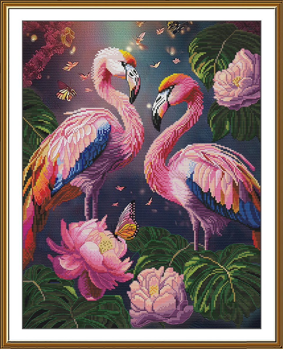 Borduurpakket Nova Sloboda - Pink Nocturne - Rose Flamingos - bedrukte achtergrond