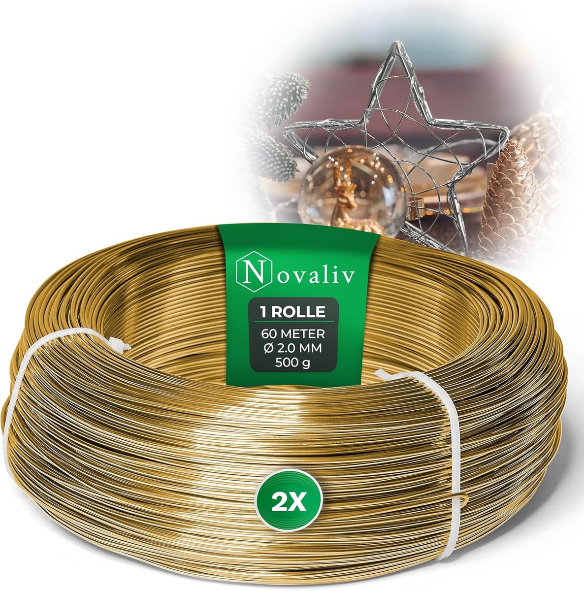 Novaliv 120 meter aluminiumdraad 2 mm goud, knutseldraad, ideaal als buigdraad voor knutselen, veelzijdig voor doe-het-zelfprojecten en decoraties, rol van 60 m decoratief draad, bloemendraad, geen sieradendraad