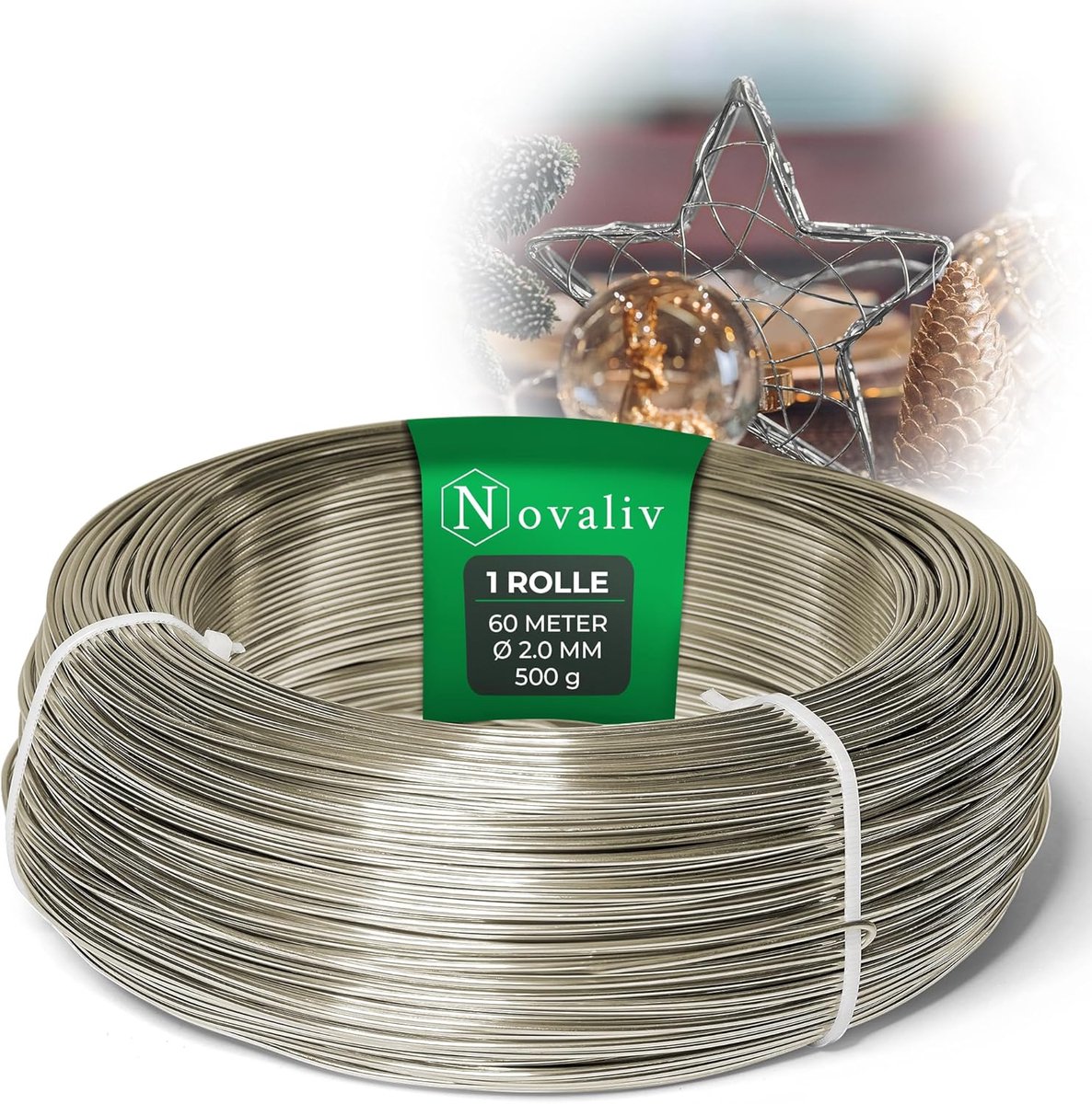 Novaliv 60 meter aluminiumdraad 2 mm champagne, knutseldraad ideaal als buigdraad voor knutselen, veelzijdig voor doe-het-zelfprojecten en decoraties, rol van 60 m decoratief draad, bloemendraad, geen sieradendraad