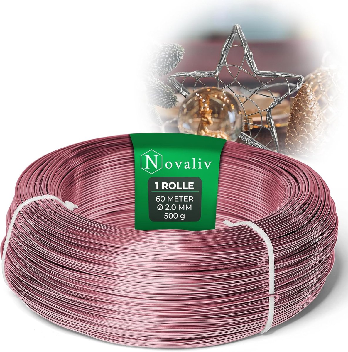 Novaliv 60 meter aluminiumdraad 2 mm roze, knutseldraad ideaal als buigdraad voor knutselen, veelzijdig voor doe-het-zelfprojecten en decoraties, rol van 60 m decoratief draad, bloemendraad, geen sieradendraad