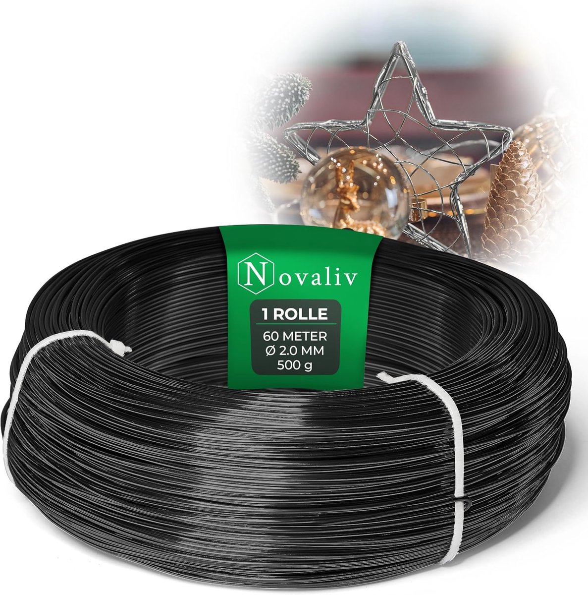 Novaliv 60 meter aluminiumdraad 2 mm zwart, knutseldraad ideaal als buigdraad voor knutselen, veelzijdig voor doe-het-zelfprojecten en decoraties, rol van 60 m decoratief draad, bloemendraad, geen sieradendraad