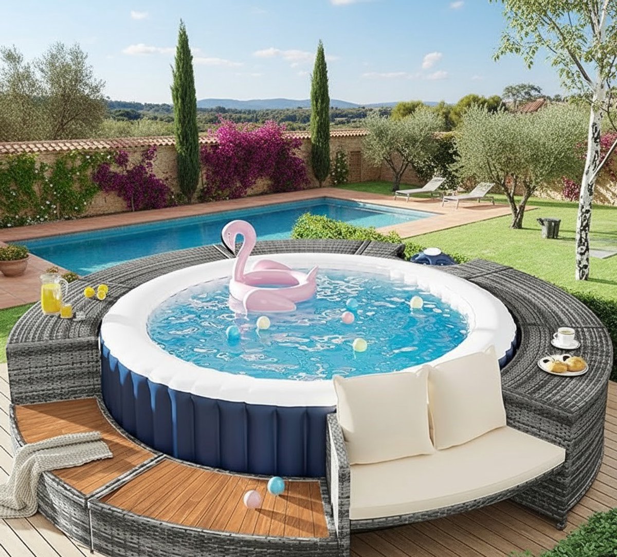 Spa- en Zwembad Loungeset – Novihome Luxury Pool & Spa Furniture – Grijze PE-Rotan Zwembadrand met Acaciahout & Opbergruimte – Rond Model – Inclusief Kussens – Verstelbare Poten – Perfect voor Jacuzzi, Whirlpool & Tuin