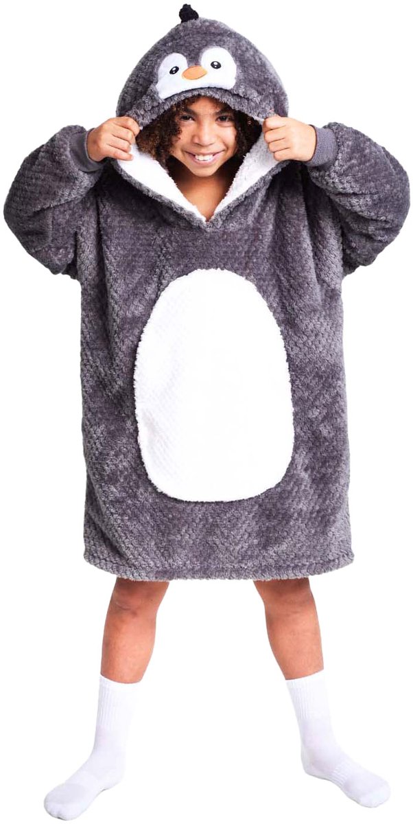 Noxxiez Hoodie Deken Pinguin - Medium Knuffeltrui tot 160cm - Warm fleece.
