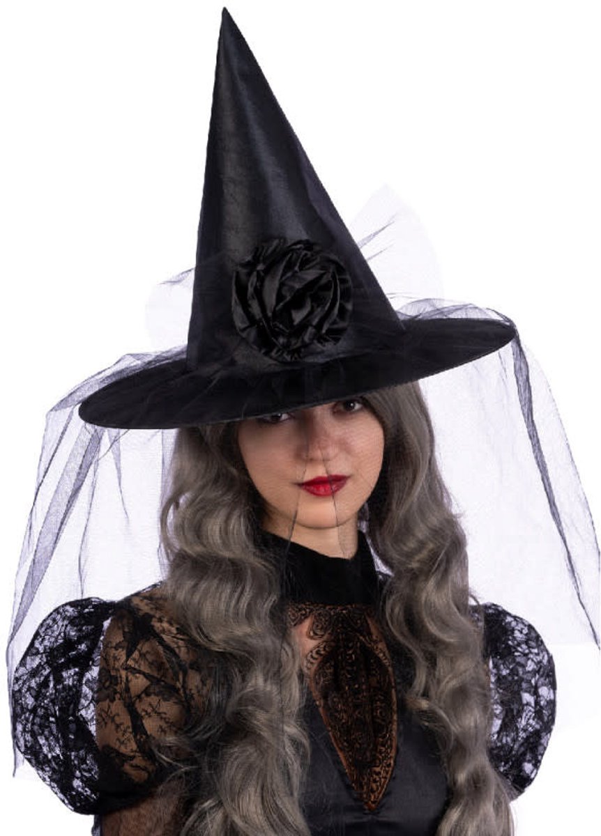 Heksenhoed zwart met bloem en sluier 40cm Halloween