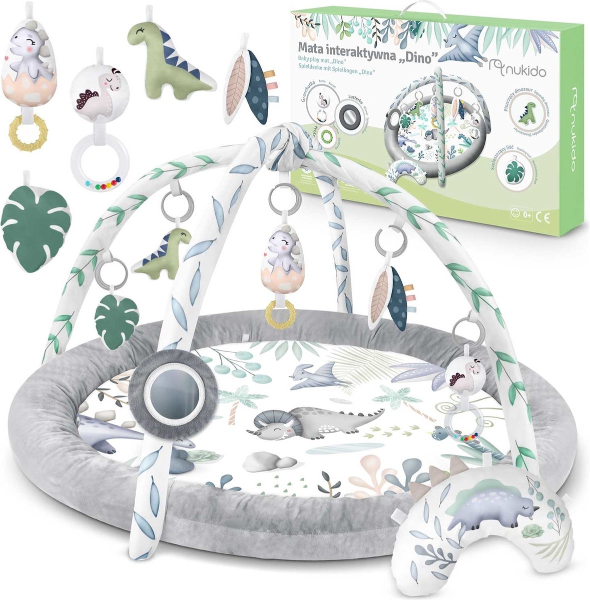 Speelkleed baby - babygym - 98x78 cm - dinosaurus - grijs, wit, groen - Nukido